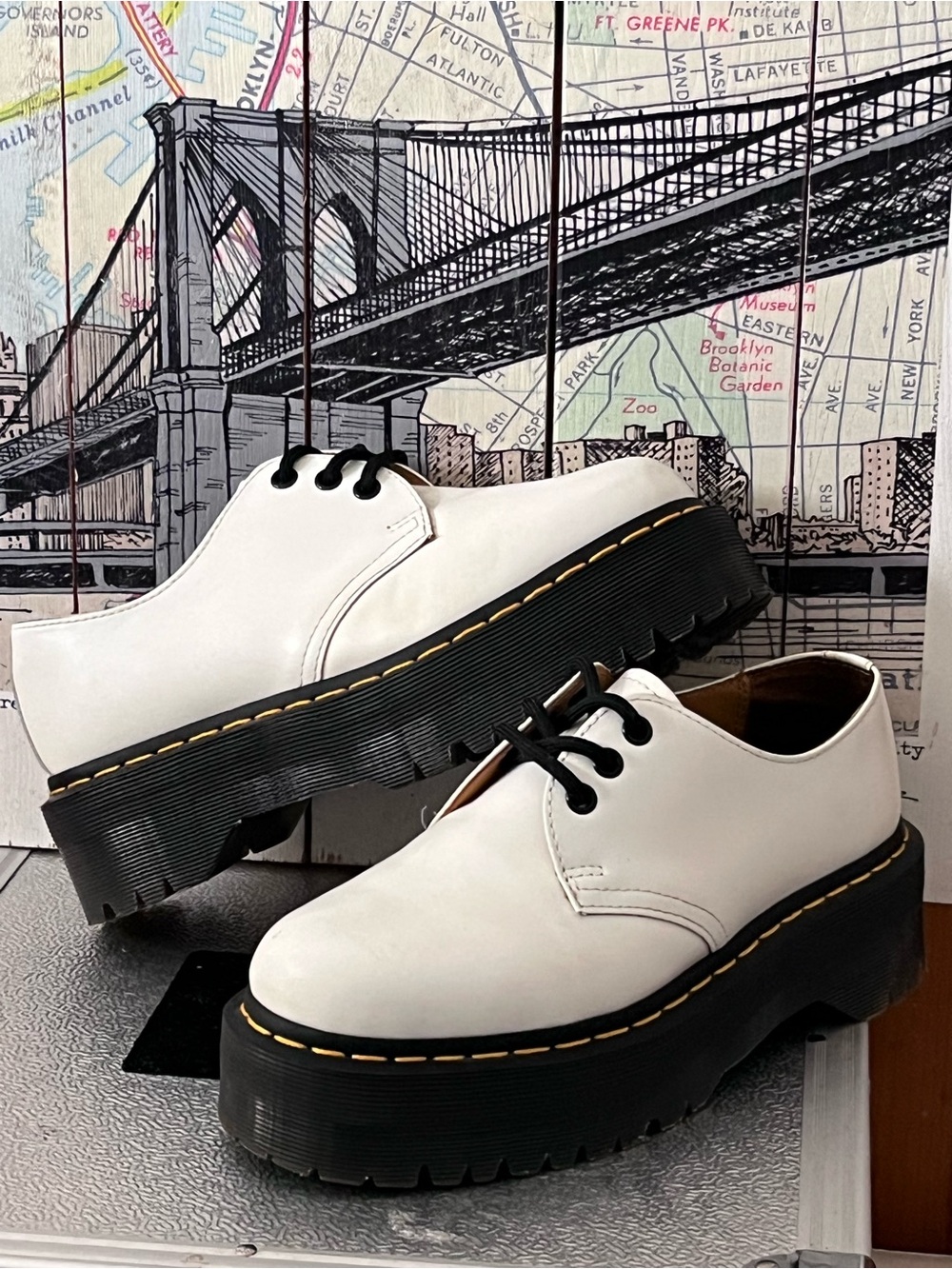 Doc Martens White Leather Derby Shoes with Black Lug Sole and Yellow Stitching